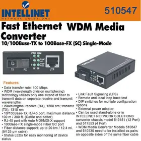 Intellinet 766623510547 510547 10/100base-tx To 100base-fx Sc Single-mode 20 Km 12.4 Mi